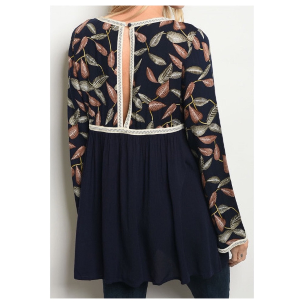Navy Leave Print Babydoll Top - Picture 2 of 2